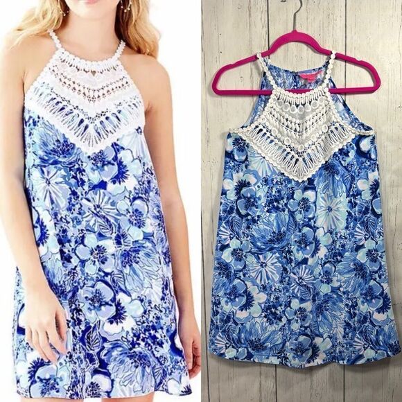 Lilly Pulitzer Blue Floral Crochet Neck Dress Size 2 Resort Beach Mini Preppy - Picture 1 of 16